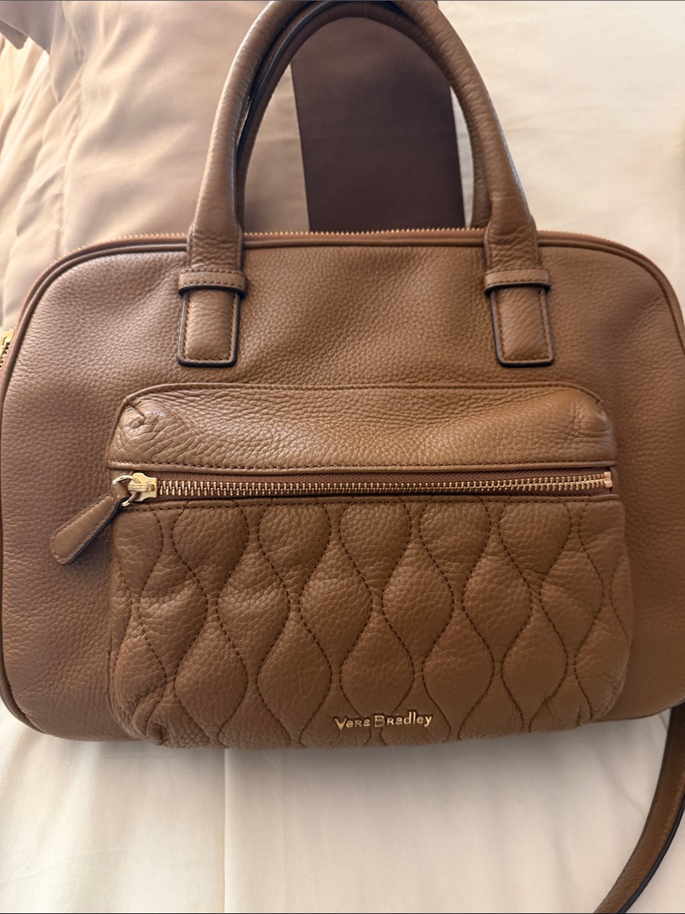 Vera Bradley Quilted Brown Leather Satchel with Front Zip Pocket